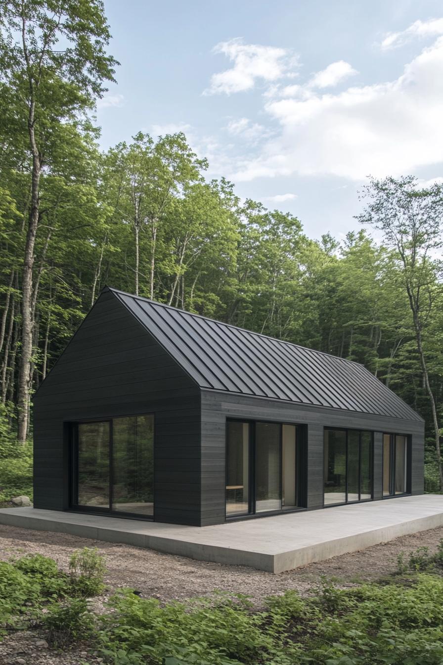 Modern cabin with a gabled roof and large windows