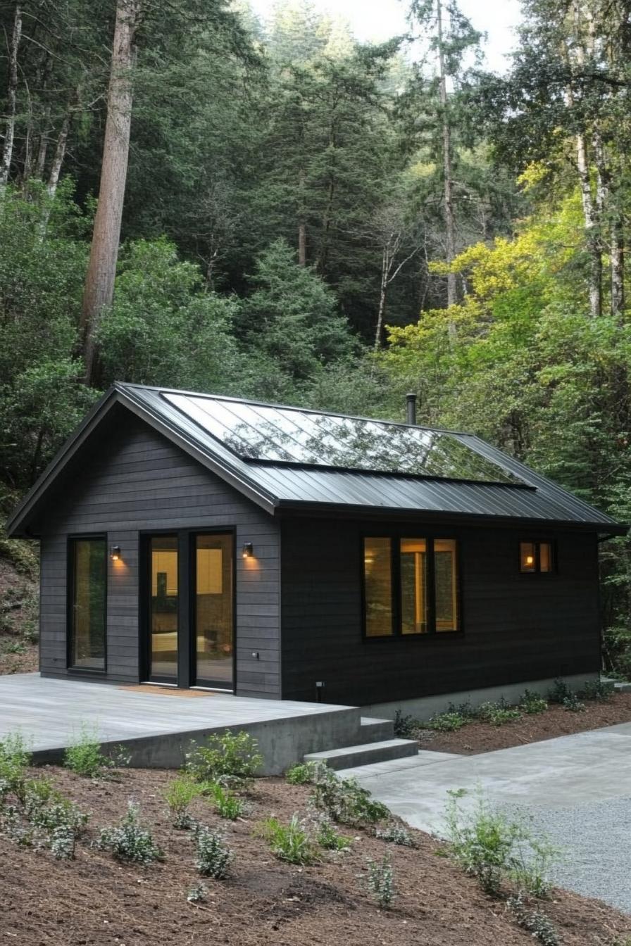 Compact wood cabin with glass roof nestled in the forest