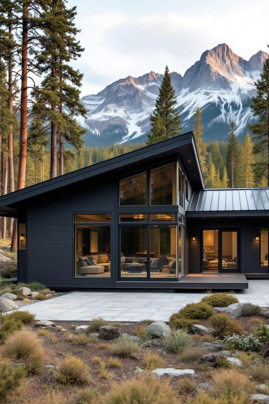 Modern cabin with large windows nestled in forested mountains