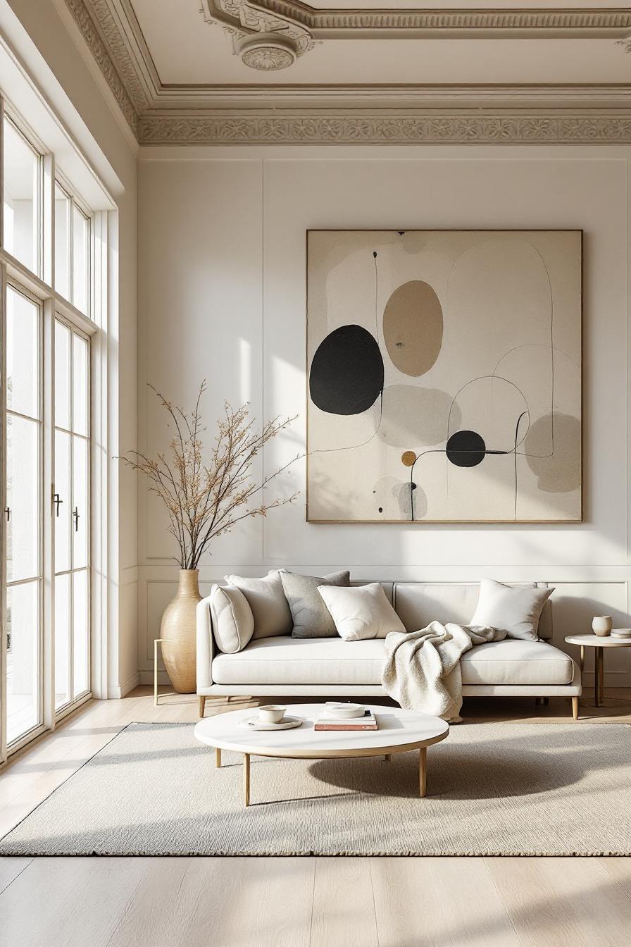 A modern wabi sabi living room exudes a minimalist yet warm aesthetic characterized by neutral tones and a harmonious balance of simplicity and 1