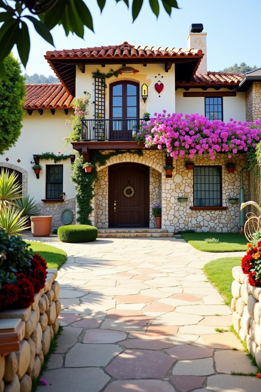 Charming cottage with stone façade and vibrant flowers