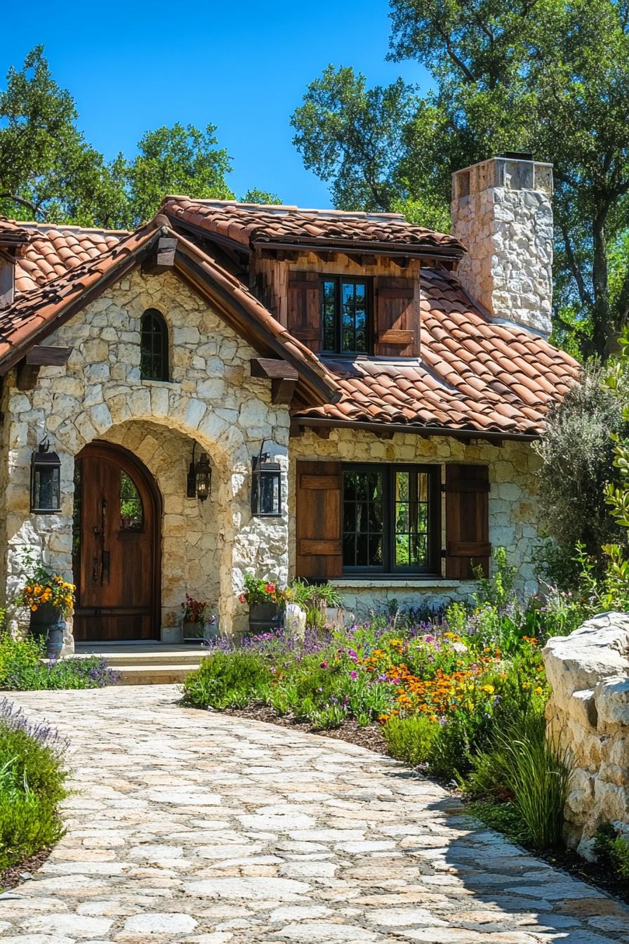 Charming stone cottage surrounded by vibrant flowers