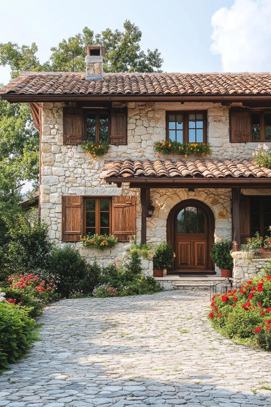 Charming stone cottage with wooden accents and vibrant garden