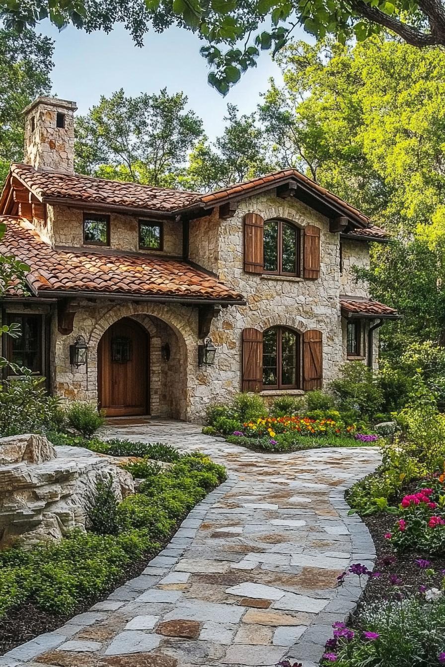 Stone cottage with garden and trees