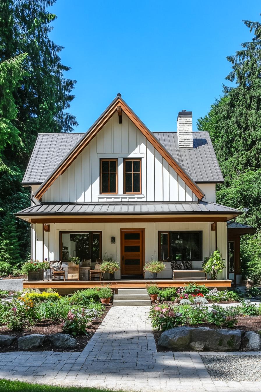 Charming small house with a front porch surrounded by lush greenery