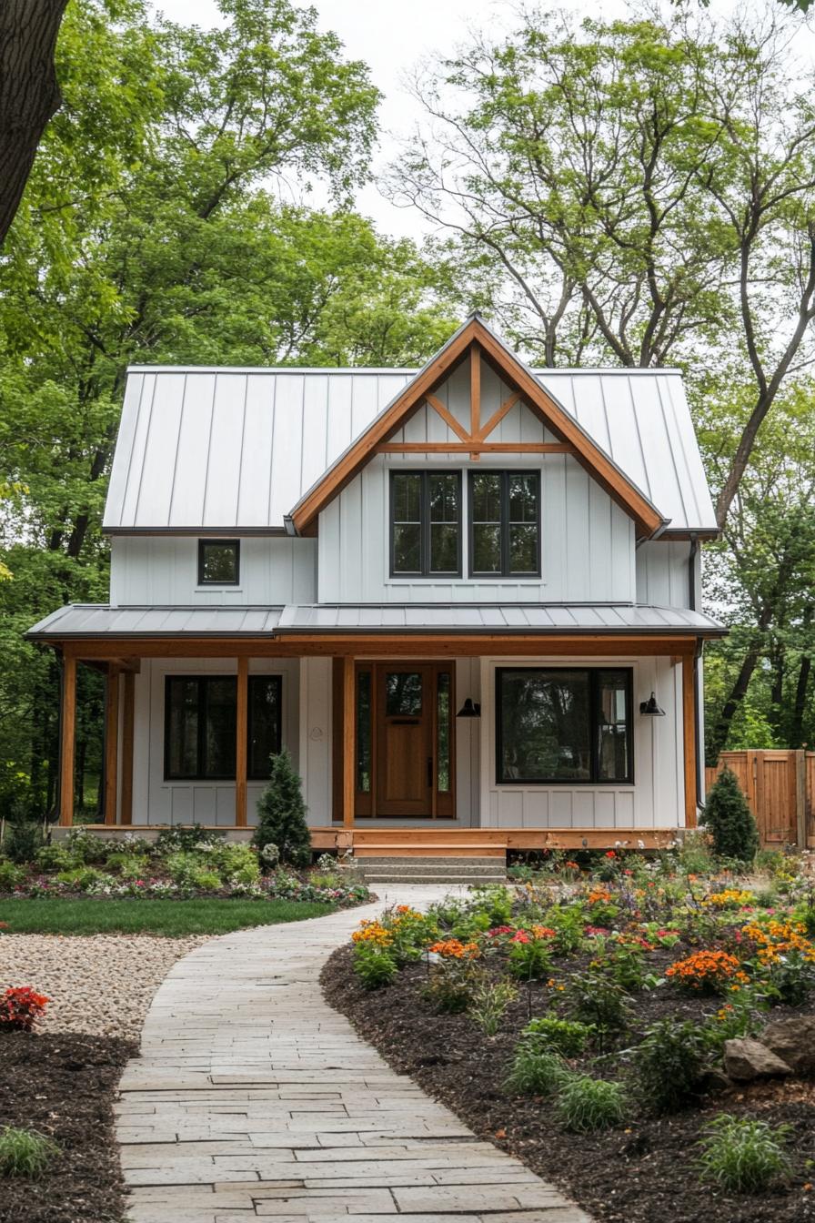 Cozy cottage with a gable roof surrounded by lush garden