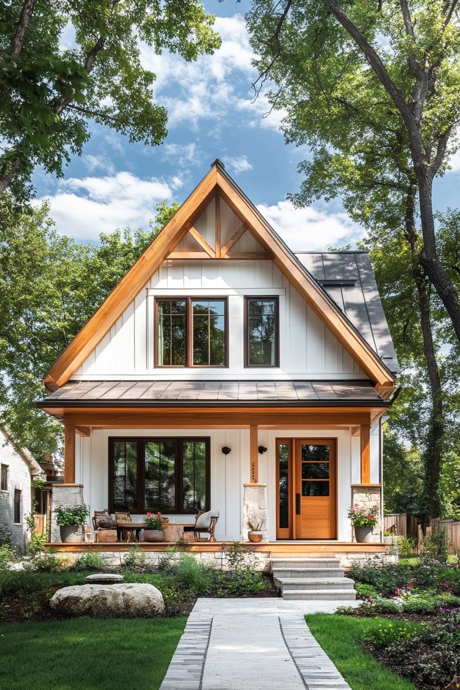 Inviting cabin-like house with a wooden porch and lush greenery