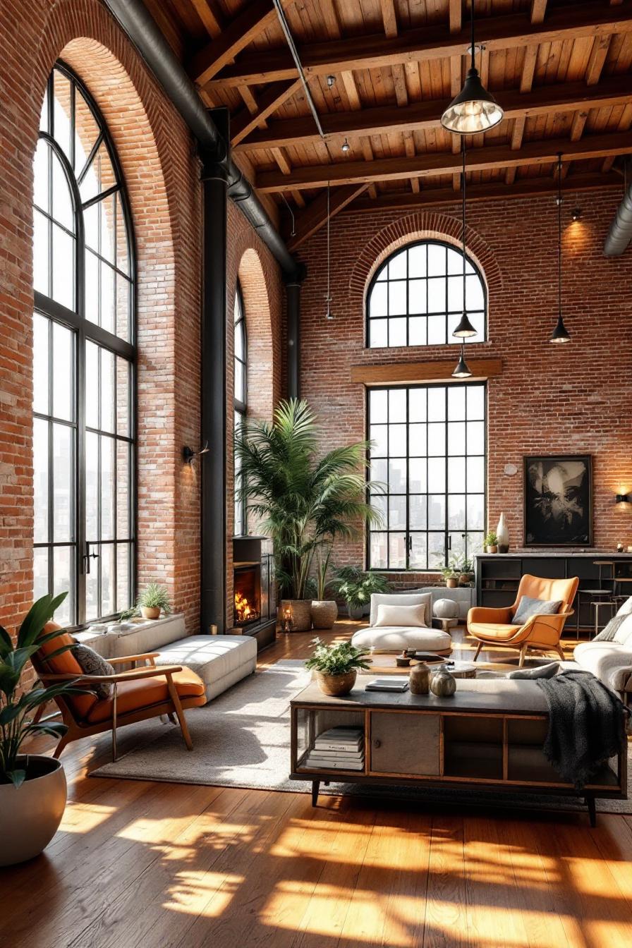 Cozy warehouse loft with large windows and brick walls