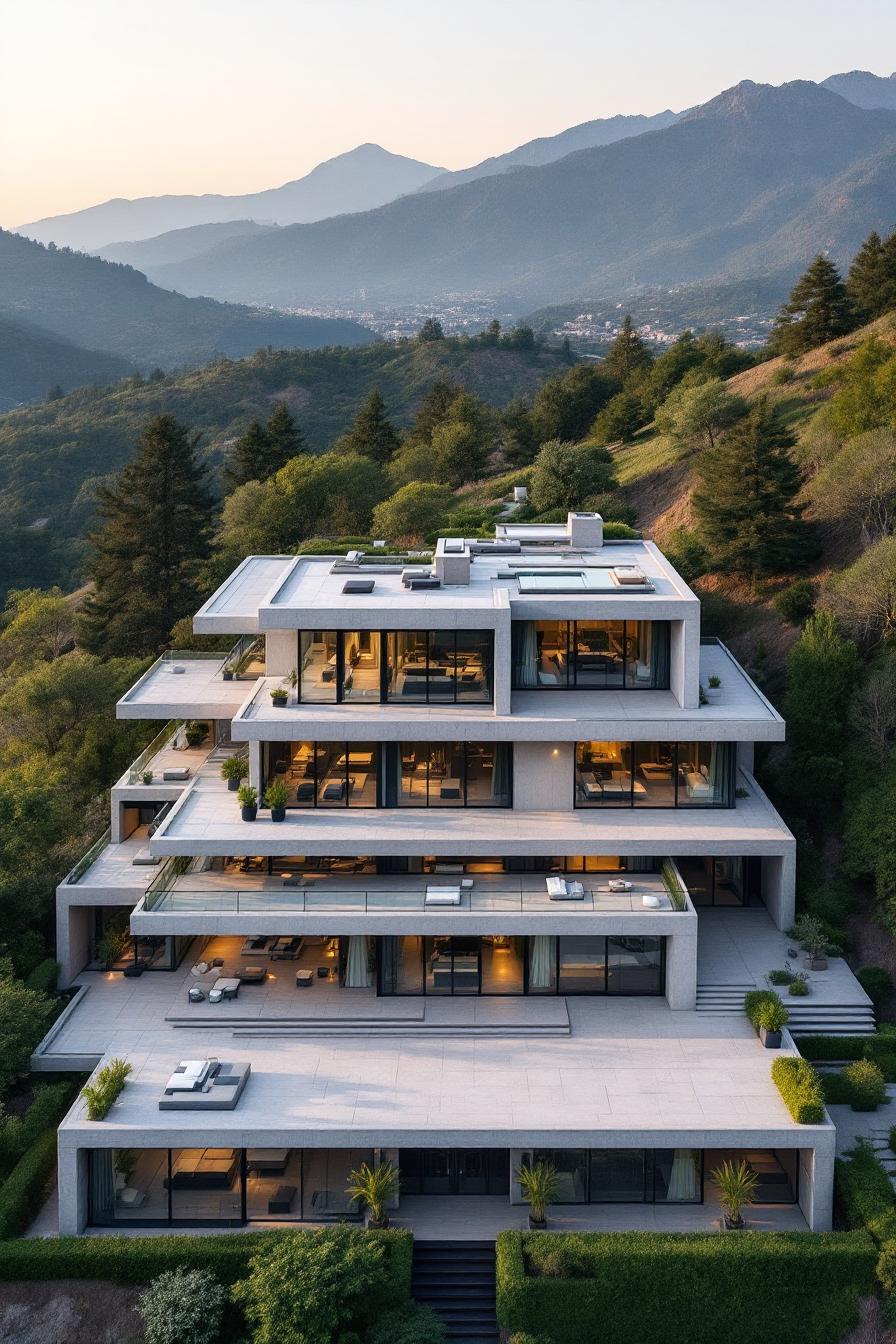 Stacked concrete mansion nestled among lush hills