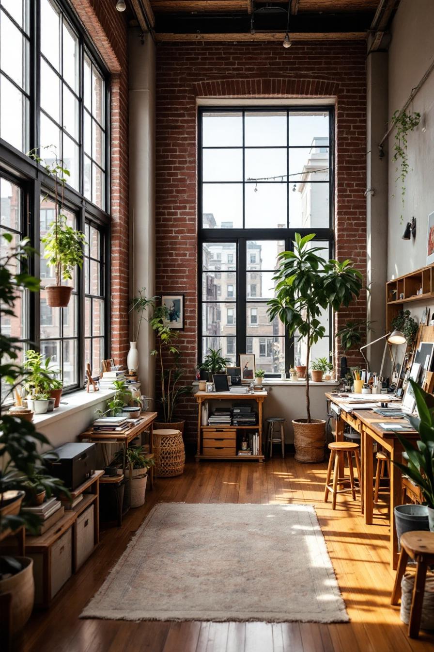 Sunlit artist loft filled with plants and wooden furniture