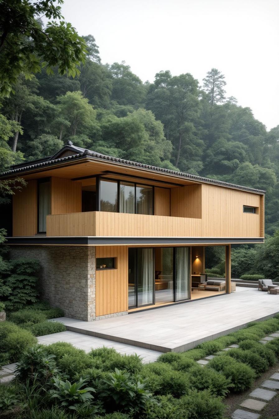 Modern bamboo house nestled among trees