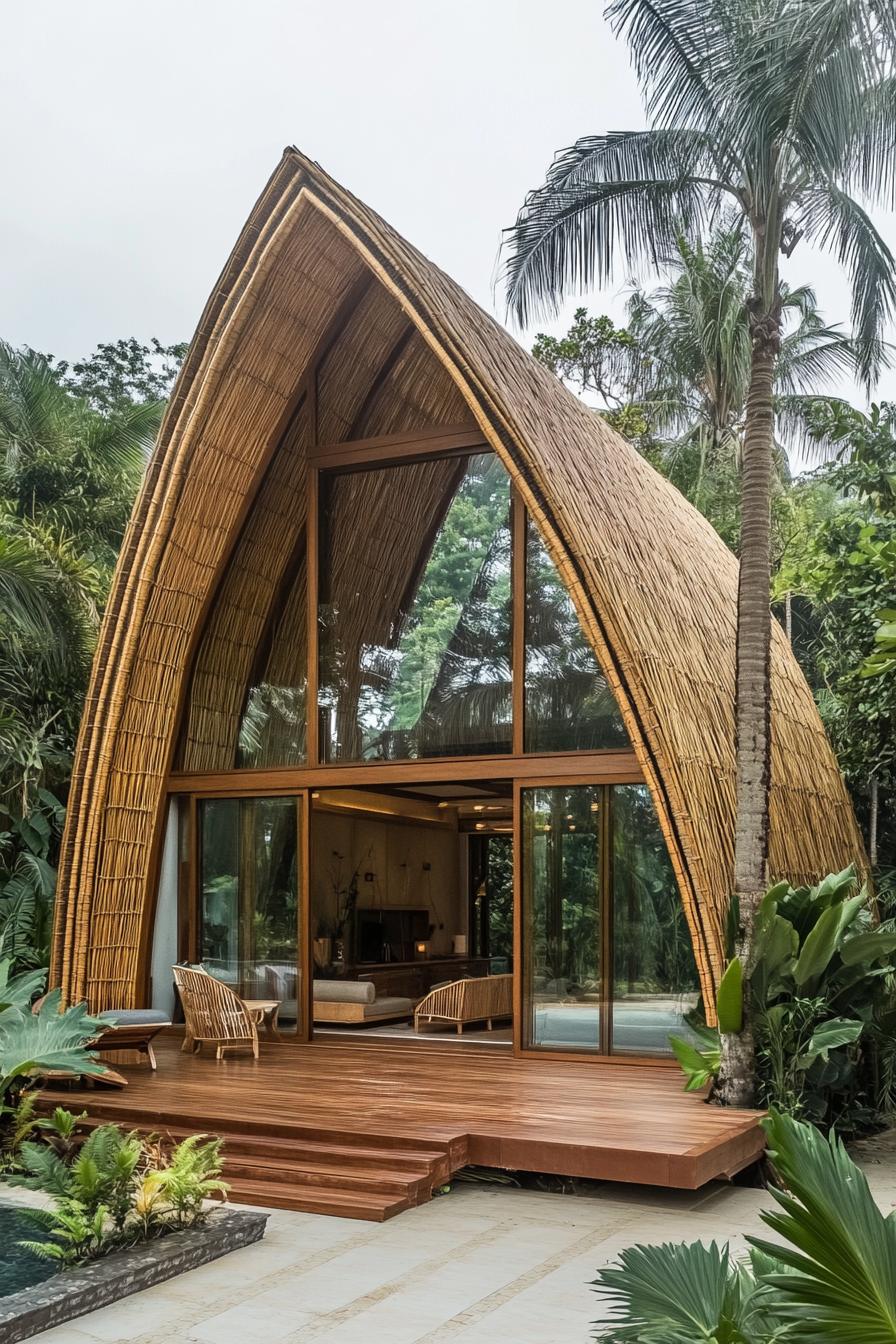 Modern bamboo house with curved roof amidst tropical foliage