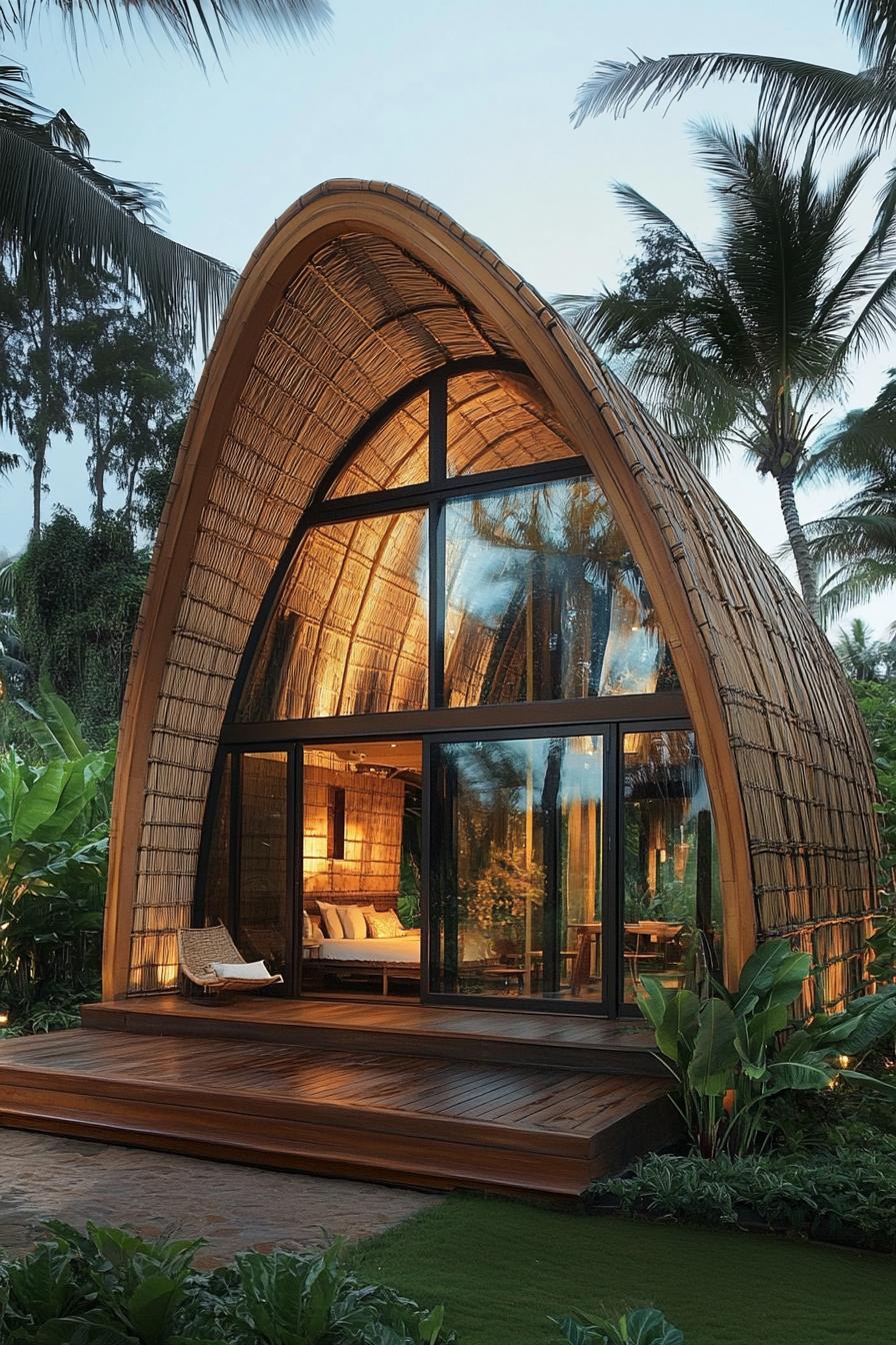 Bamboo house with large curved entrance surrounded by lush greenery