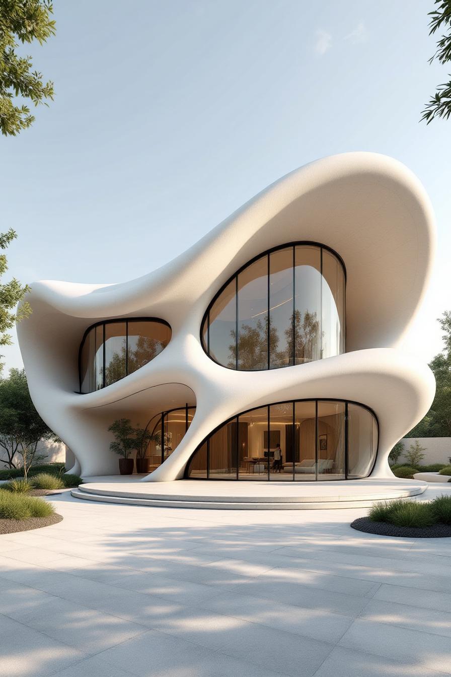 Futuristic white building with curved, organic design