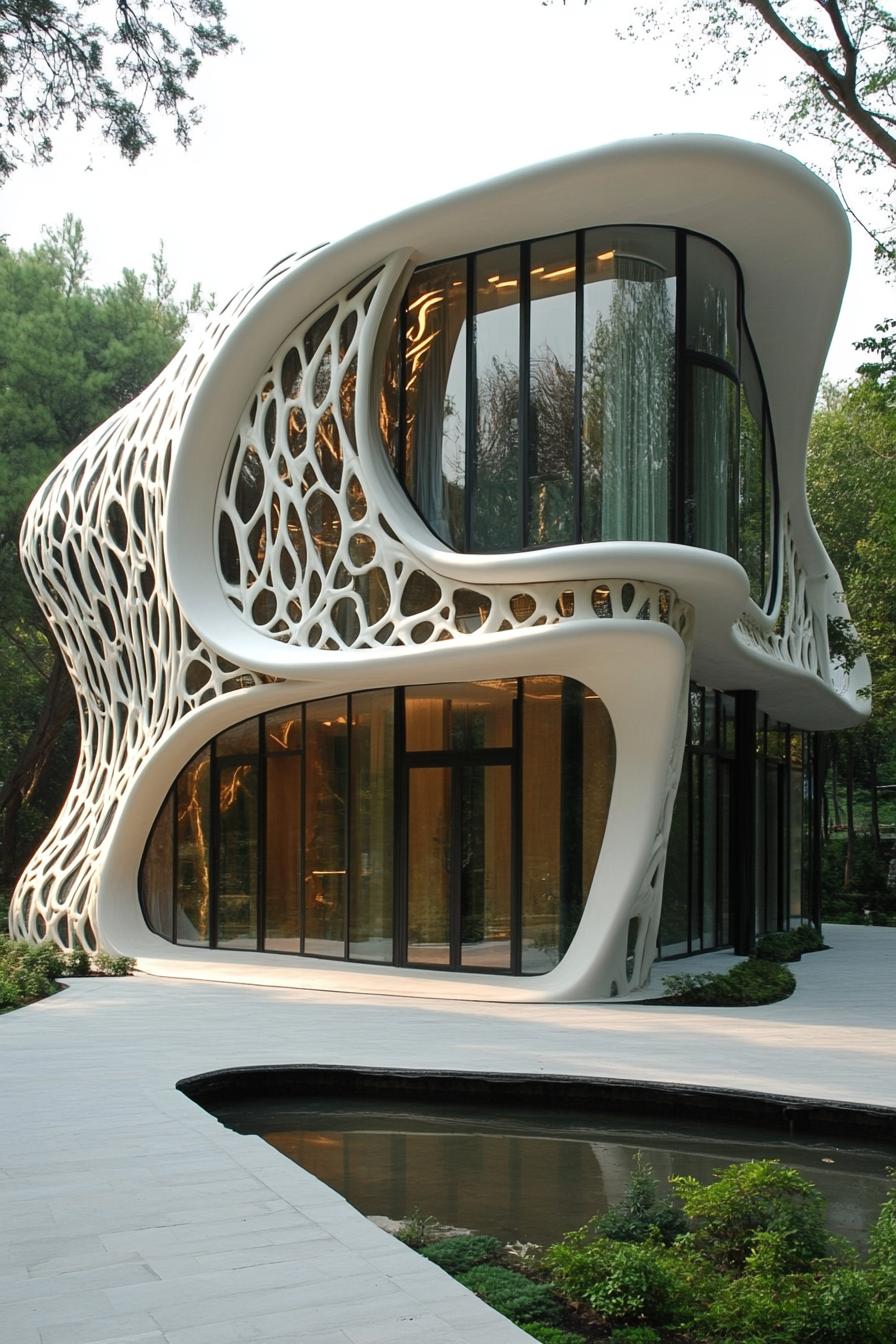 Futuristic white structure with tree-inspired design