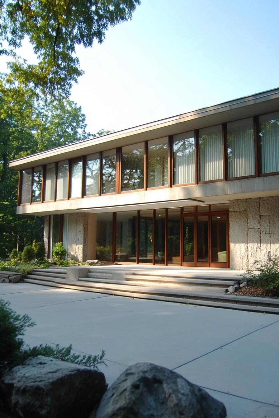 A modern concrete house with large windows and a spacious entrance