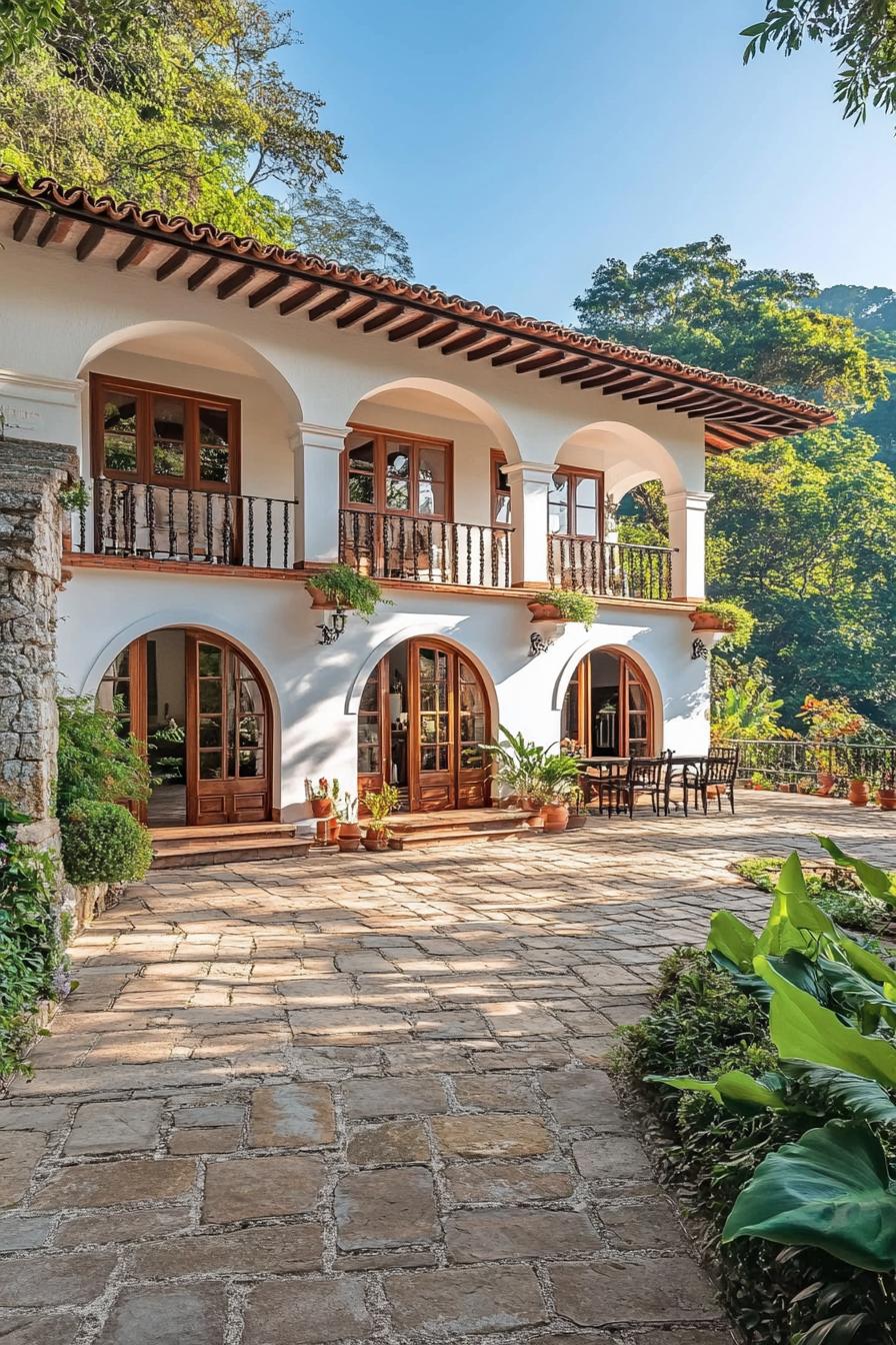 Sunny courtyard with arched windows and lush greenery