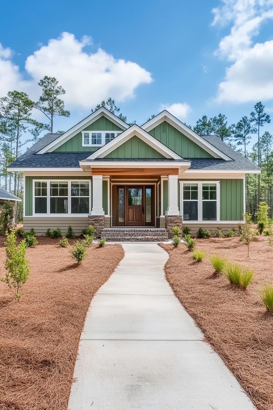 Farmhouse with green siding and a welcoming entrance