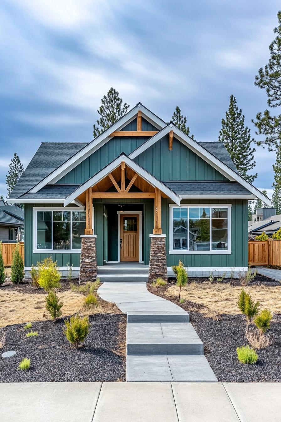 Craftsman-style house with green siding and stone columns