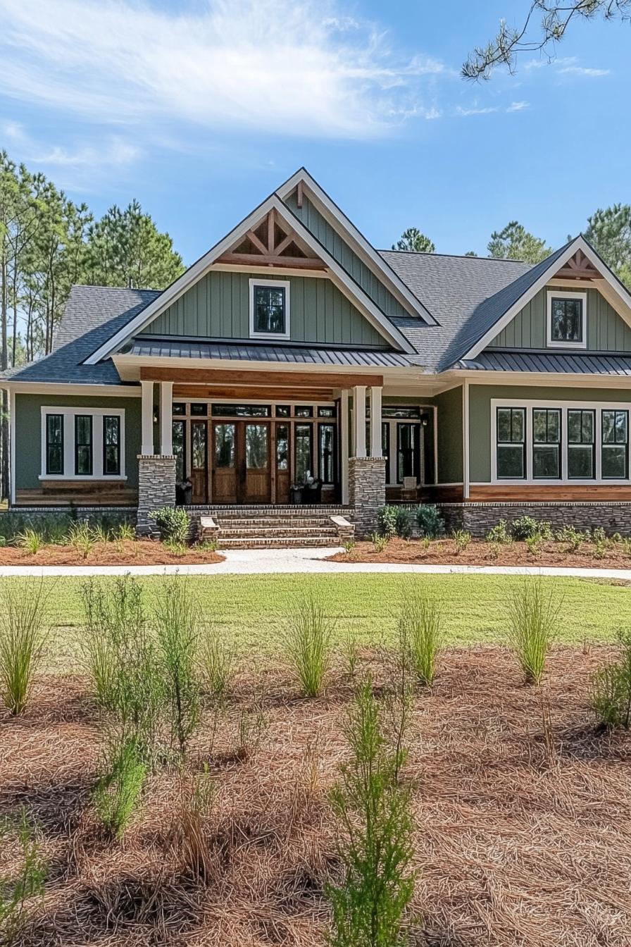 Charming farmhouse with a gabled roof and stone pillars