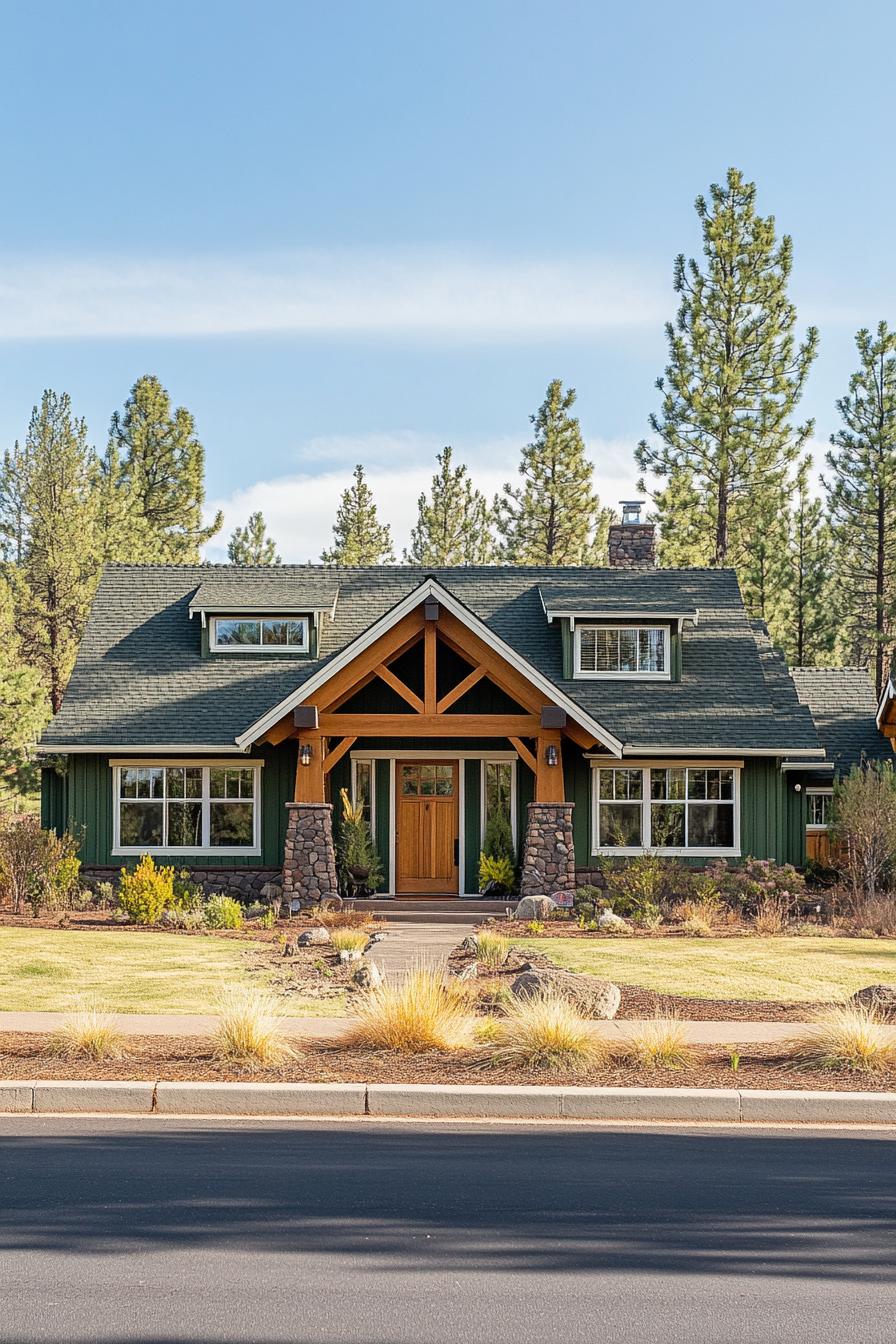 Craftsman house with a green roof and stone accents