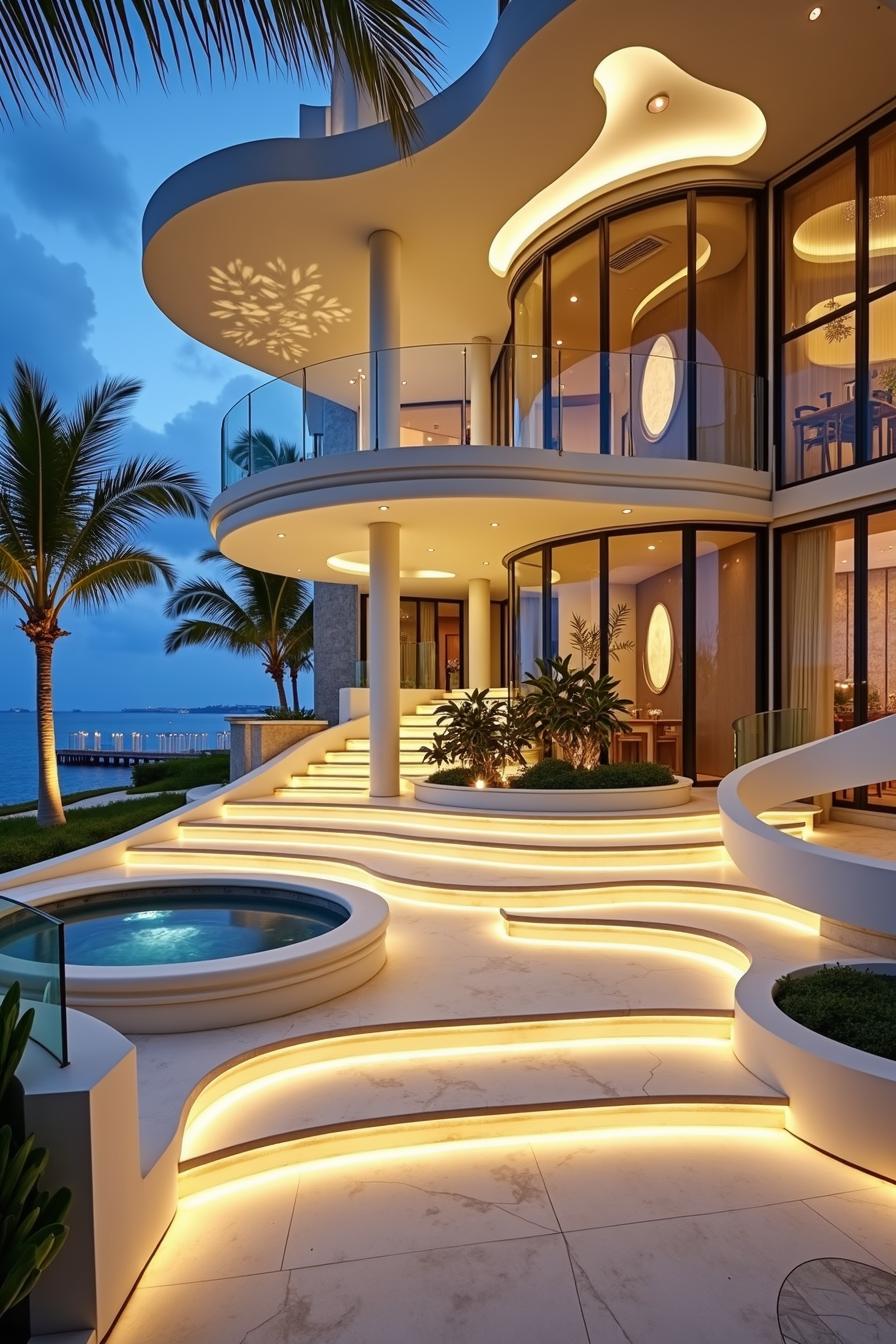 Curved levels of a modern house with soft lighting and ocean backdrop