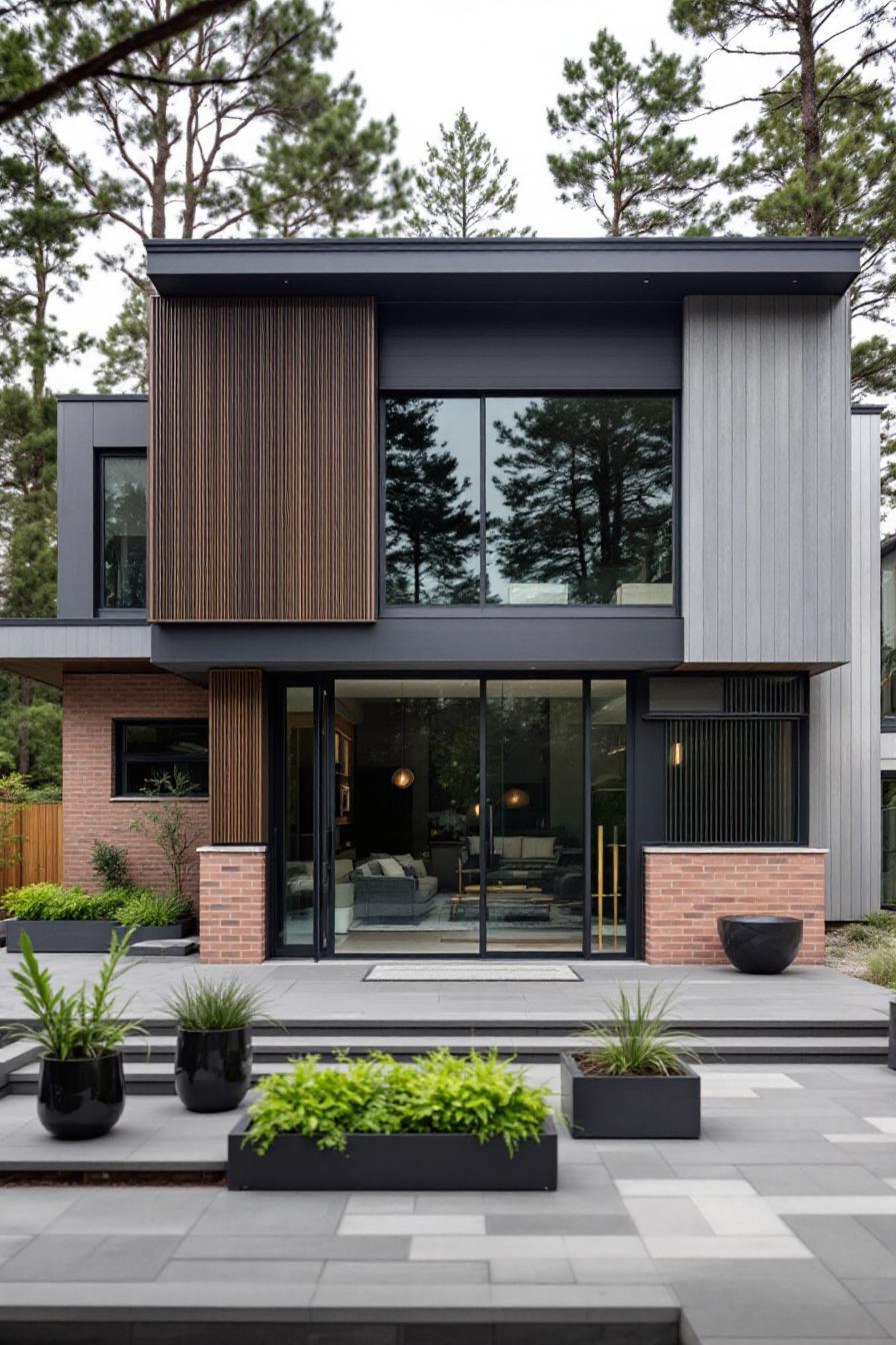 Modern house with large glass windows and wood accents