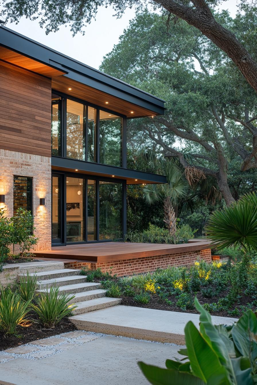 A modern house featuring large glass windows and wooden accents