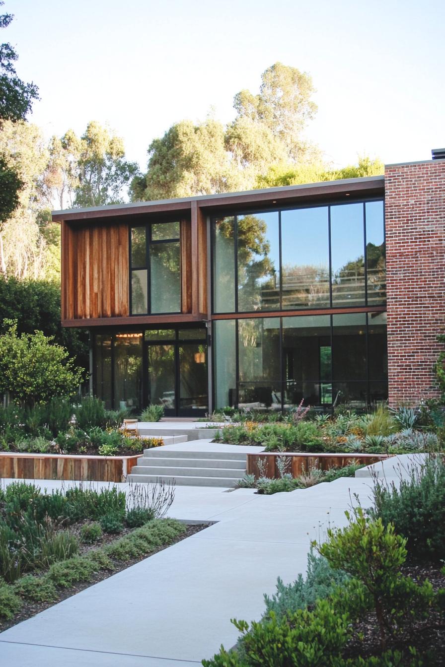 Modern house with wooden panels and large glass windows surrounded by greenery