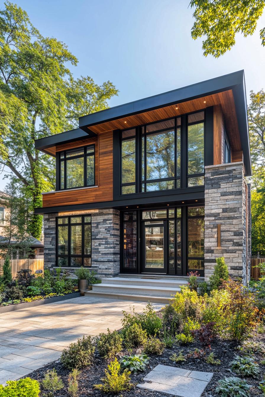 Modern house with stone walls and large glass windows, surrounded by lush greenery