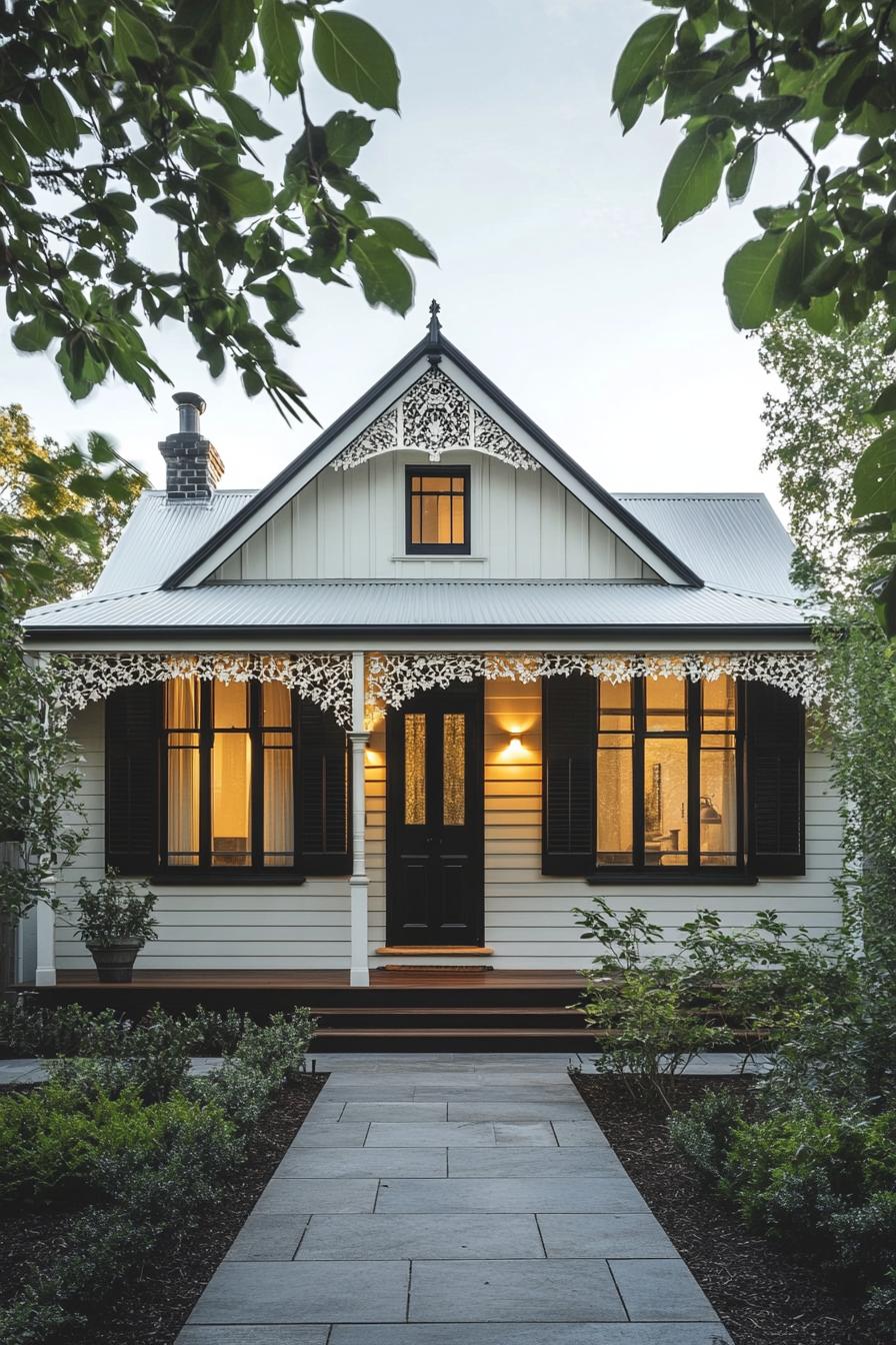 Victorian house with ornate details under a twilight sky