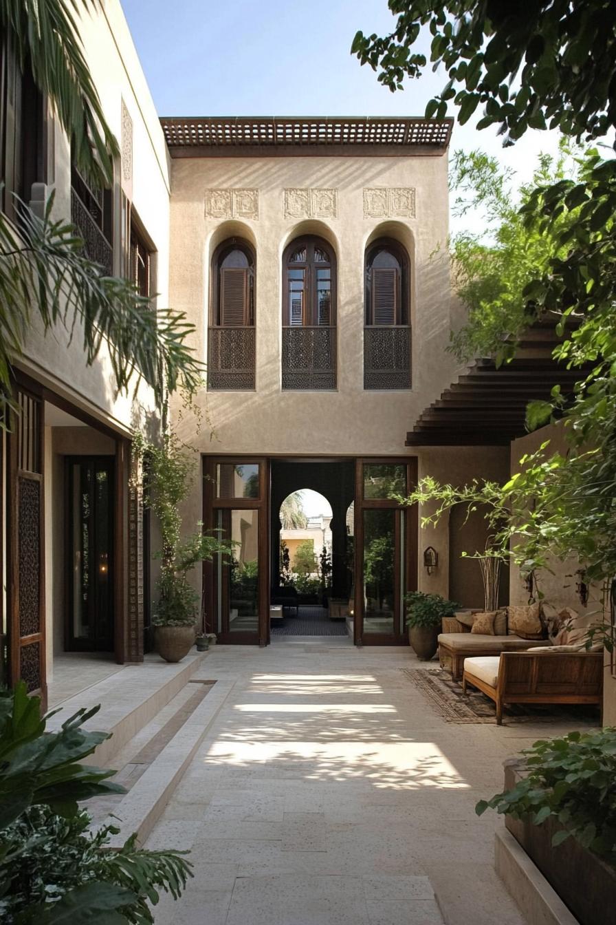 Elegant stone courtyard with lush greenery