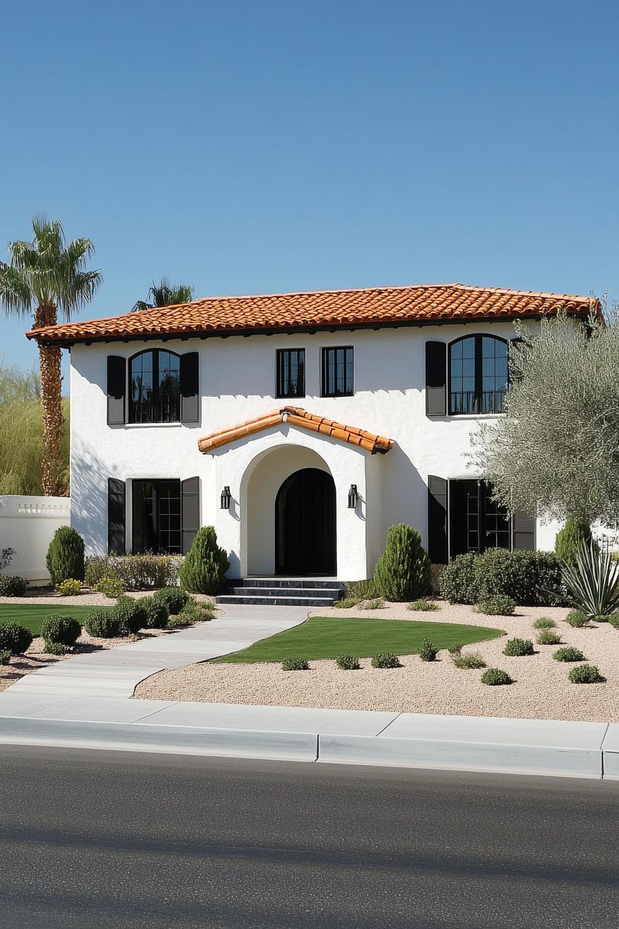 Bright white home with red-tiled roof and desert landscaping