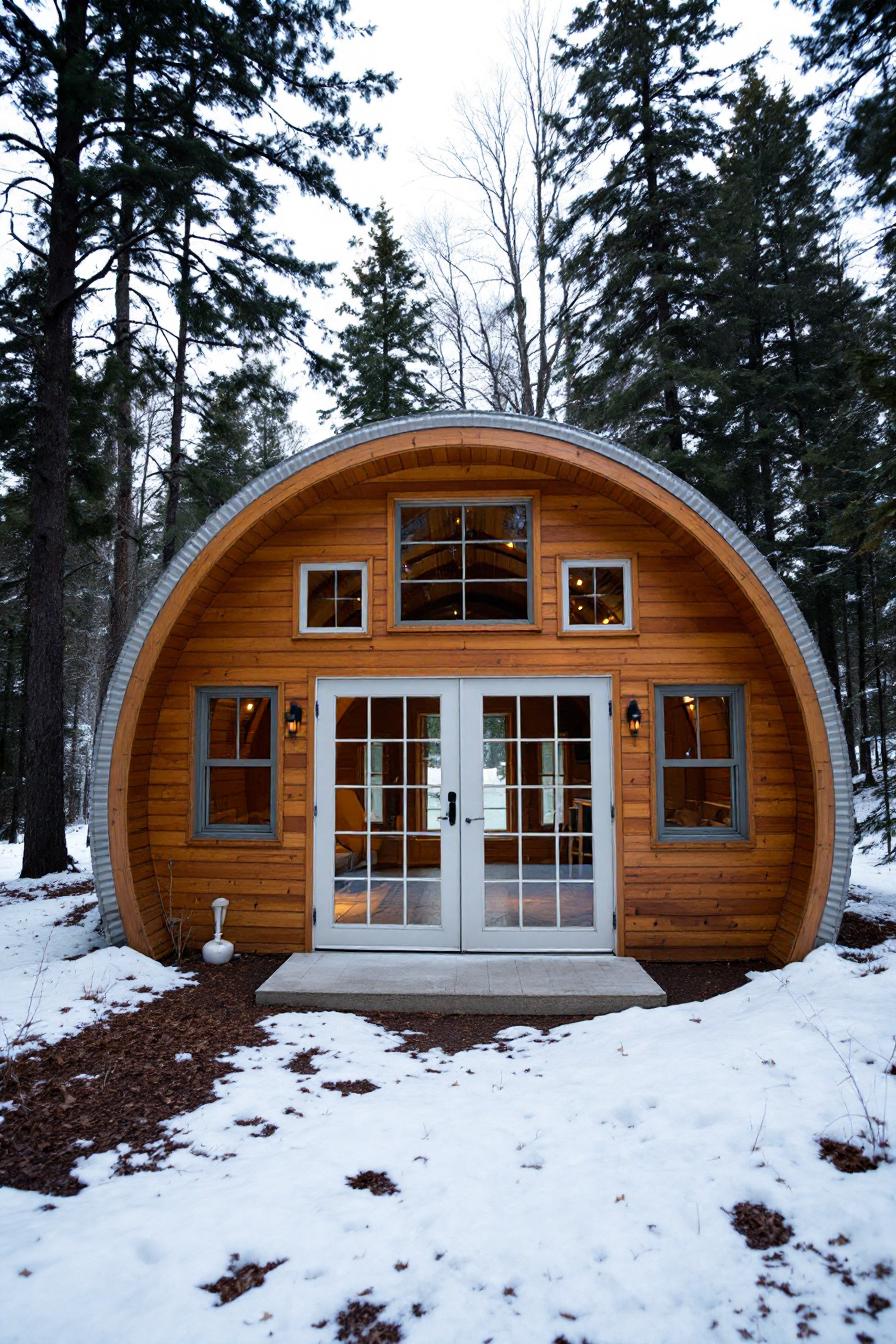 Wooden Quonset hut in a snowy forest