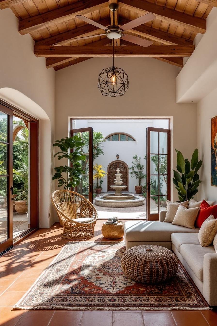 Spanish-inspired interior with open doors to a courtyard fountain