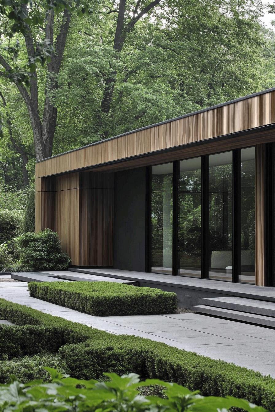 Modern facade with vertical wood cladding and large glass windows