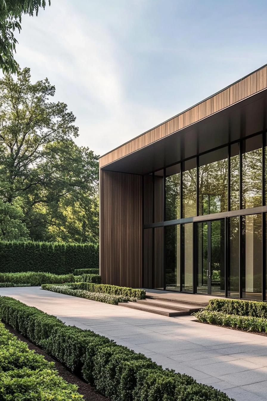 Wooden facade of a modern building with large glass windows, surrounded by lush greenery