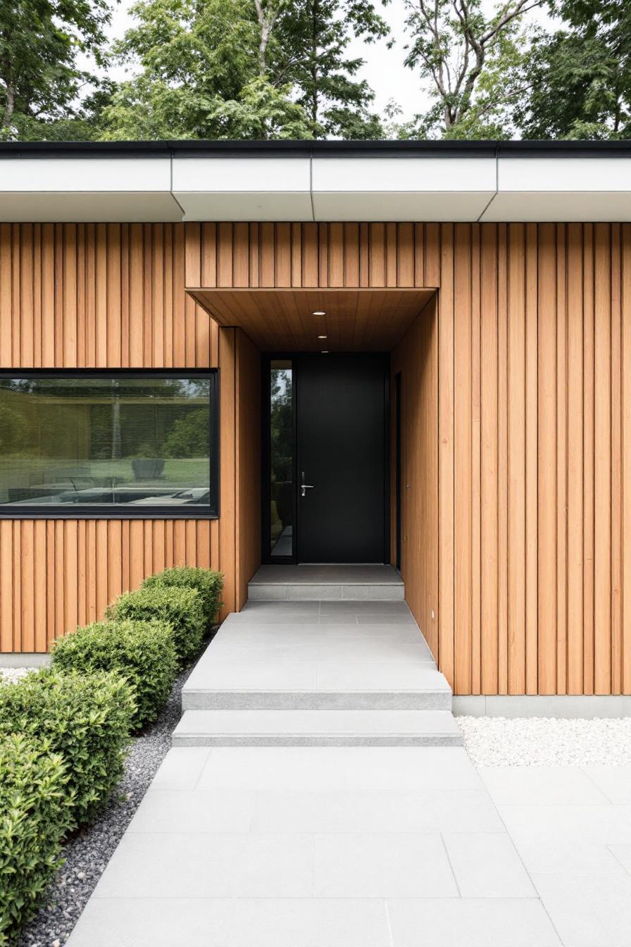 Modern house with vertical wood paneling and black door