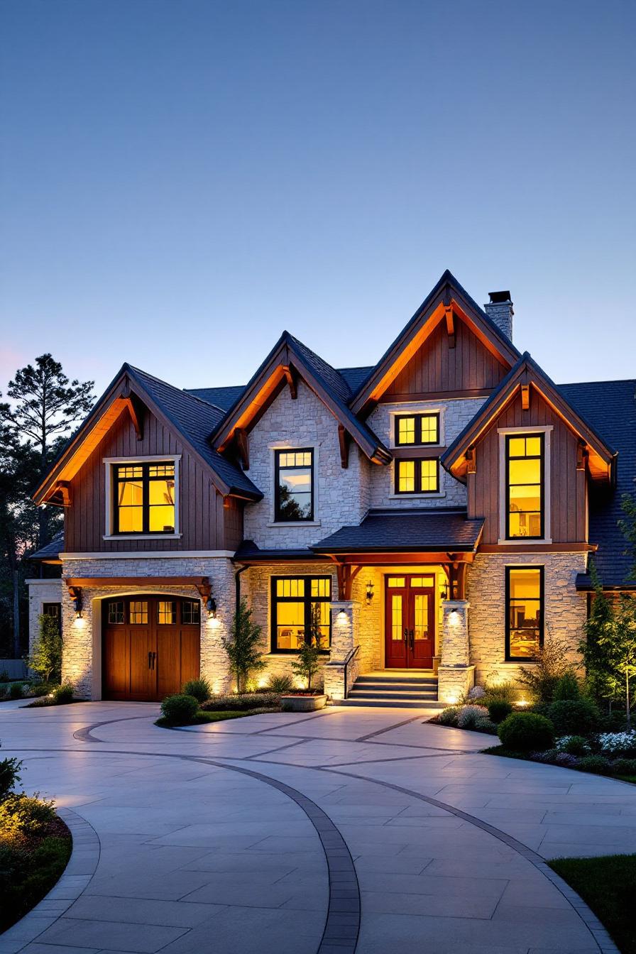 Majestic farmhouse with illuminated gables at dusk