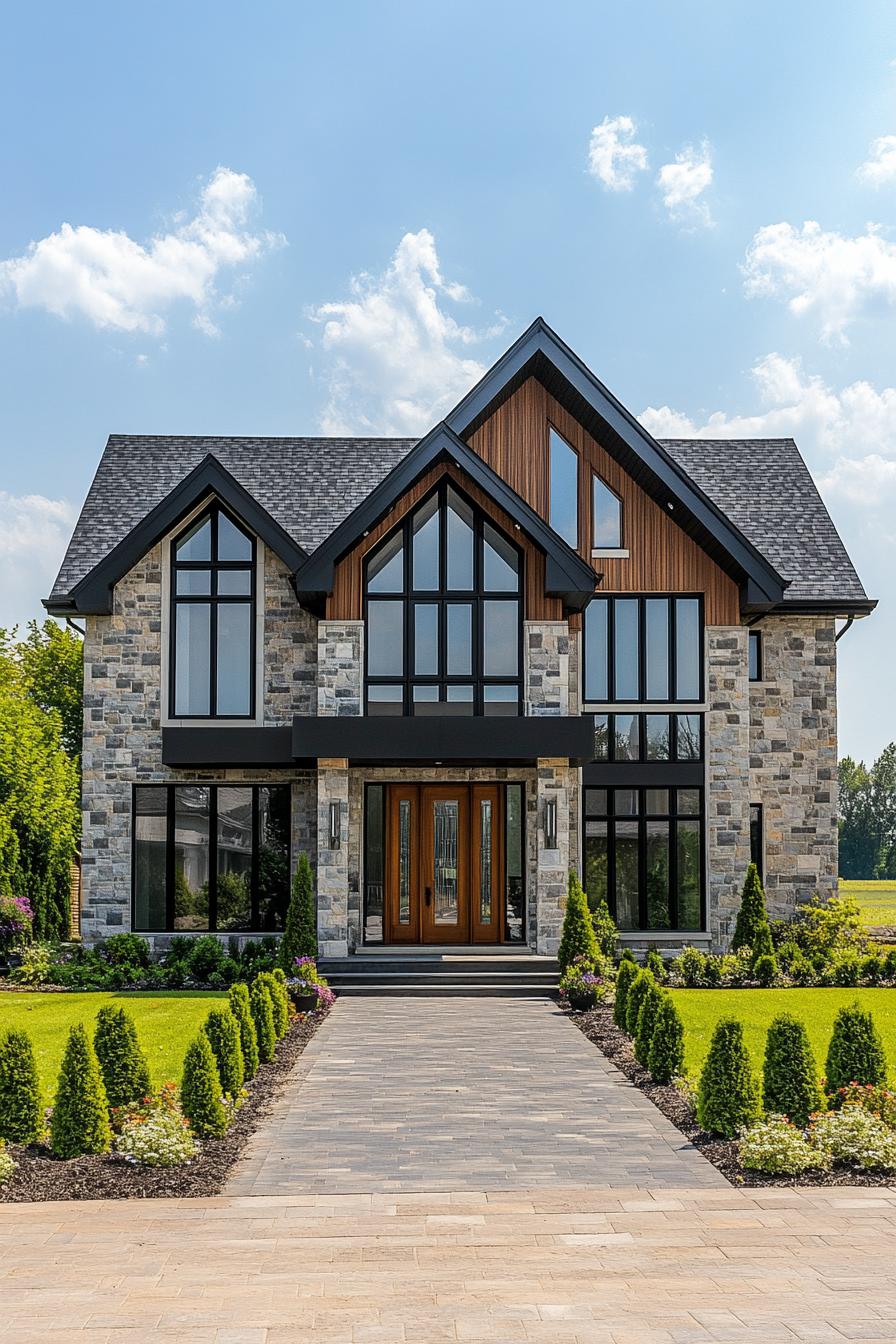 A modern farmhouse with stone and wood facade