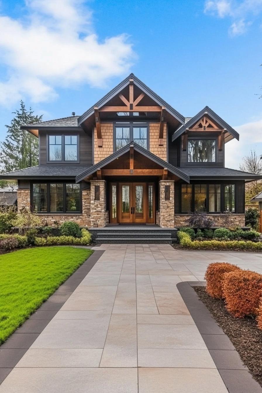 Charming modern farmhouse with a gabled roof and lush lawn