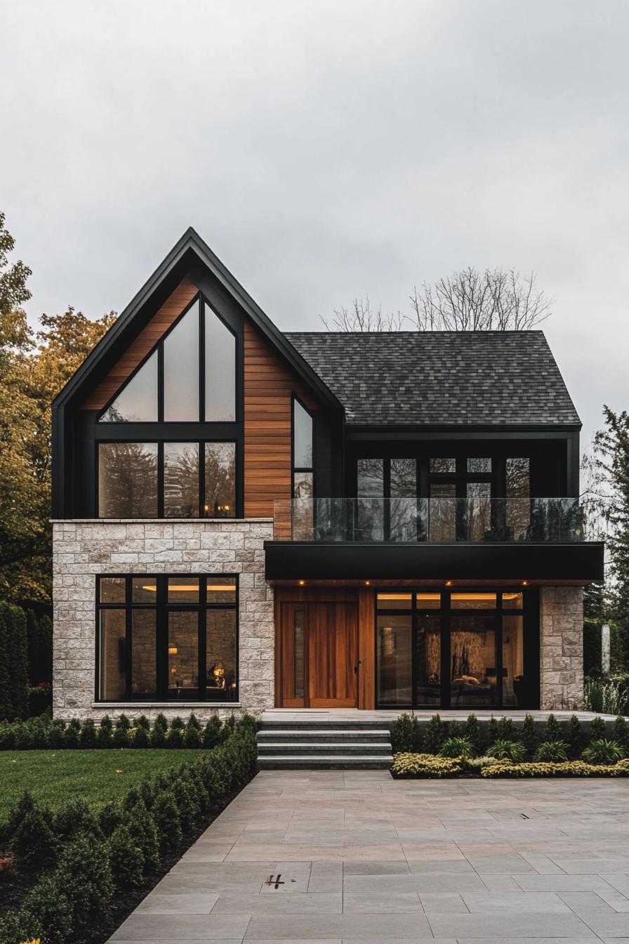 Modern farmhouse with large windows and stone facade