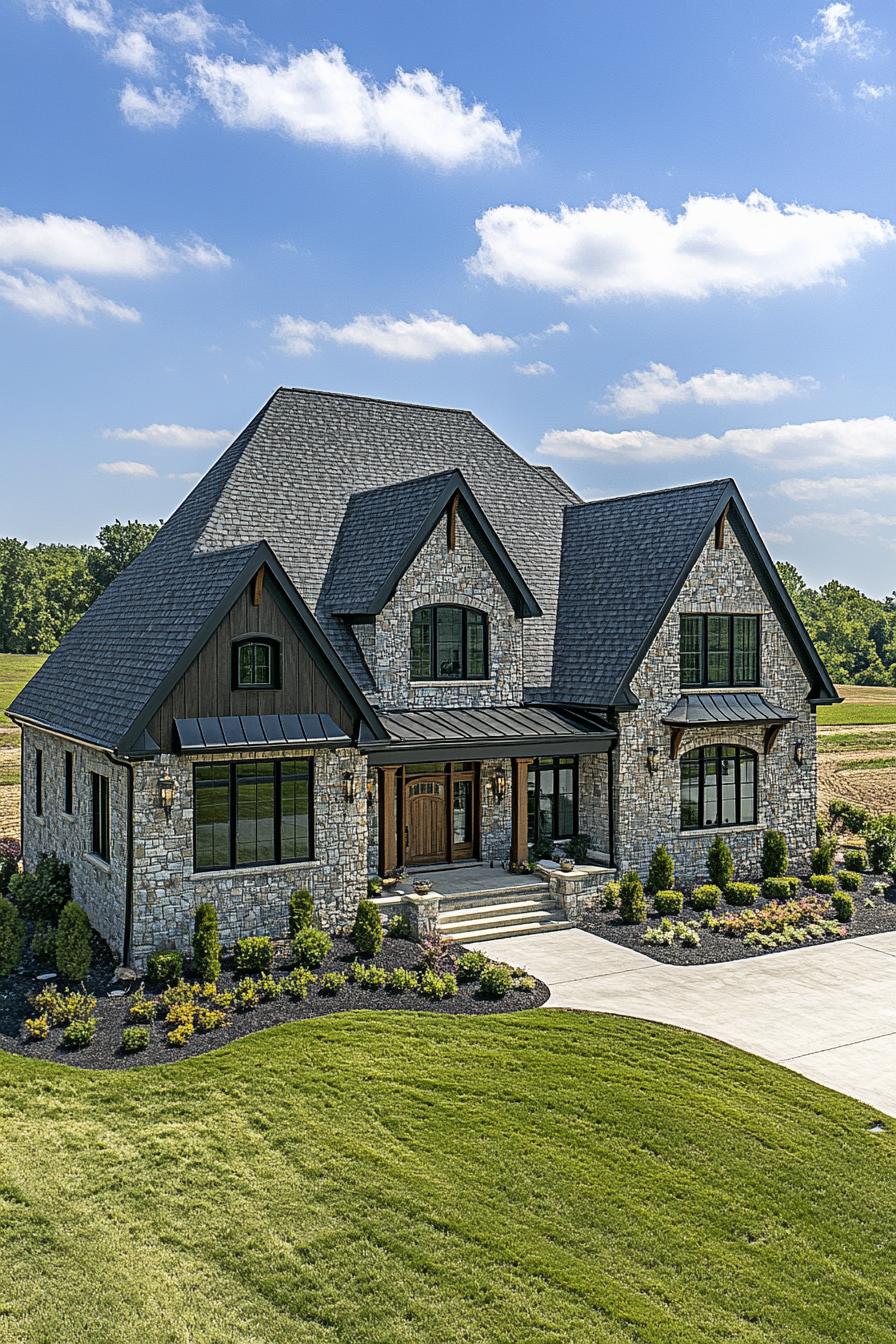 Captivating stone farmhouse with gables and lush landscape