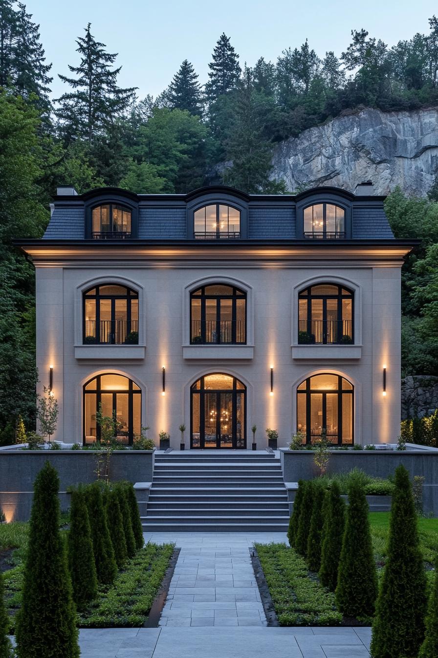 Modern neoclassical house with arched windows and evening lights