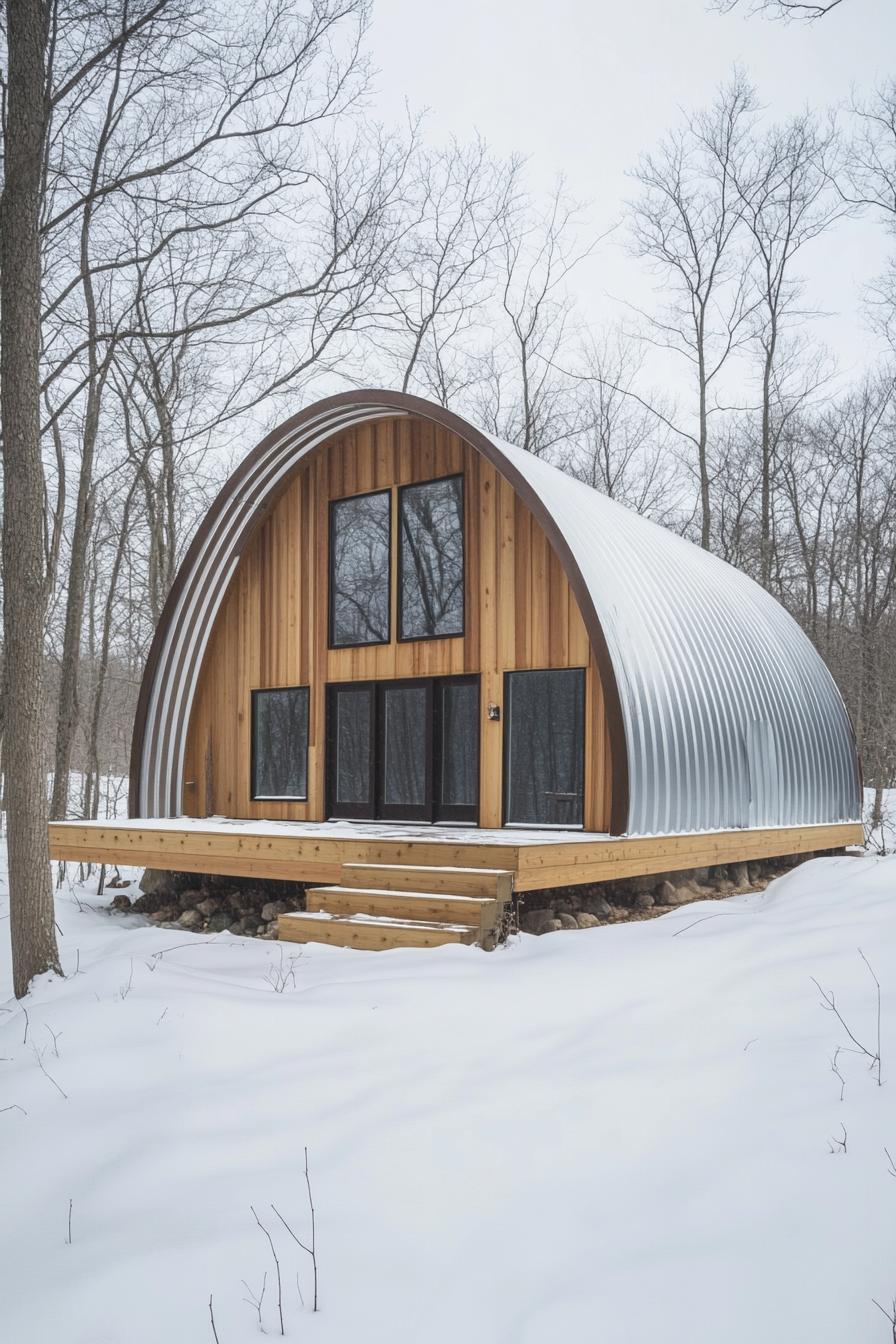 Quonset cabin in a snowy forest