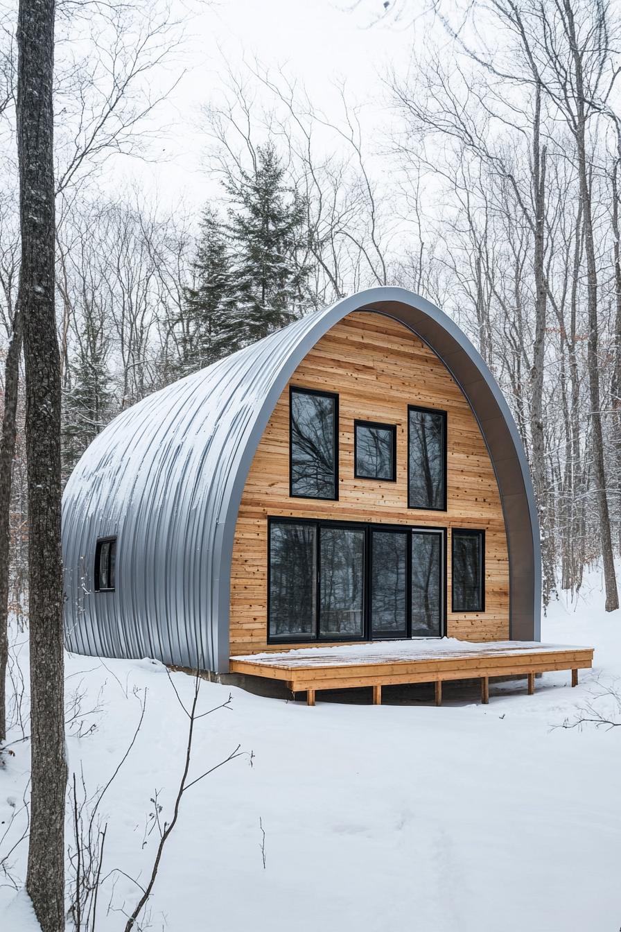 A curved metal hut amidst a snowy forest