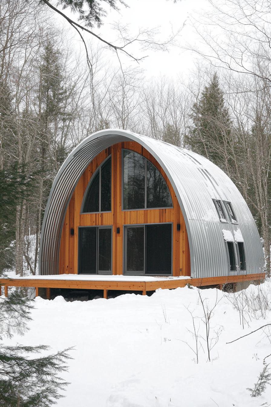 Quonset hut with wooden accents in a snowy forest