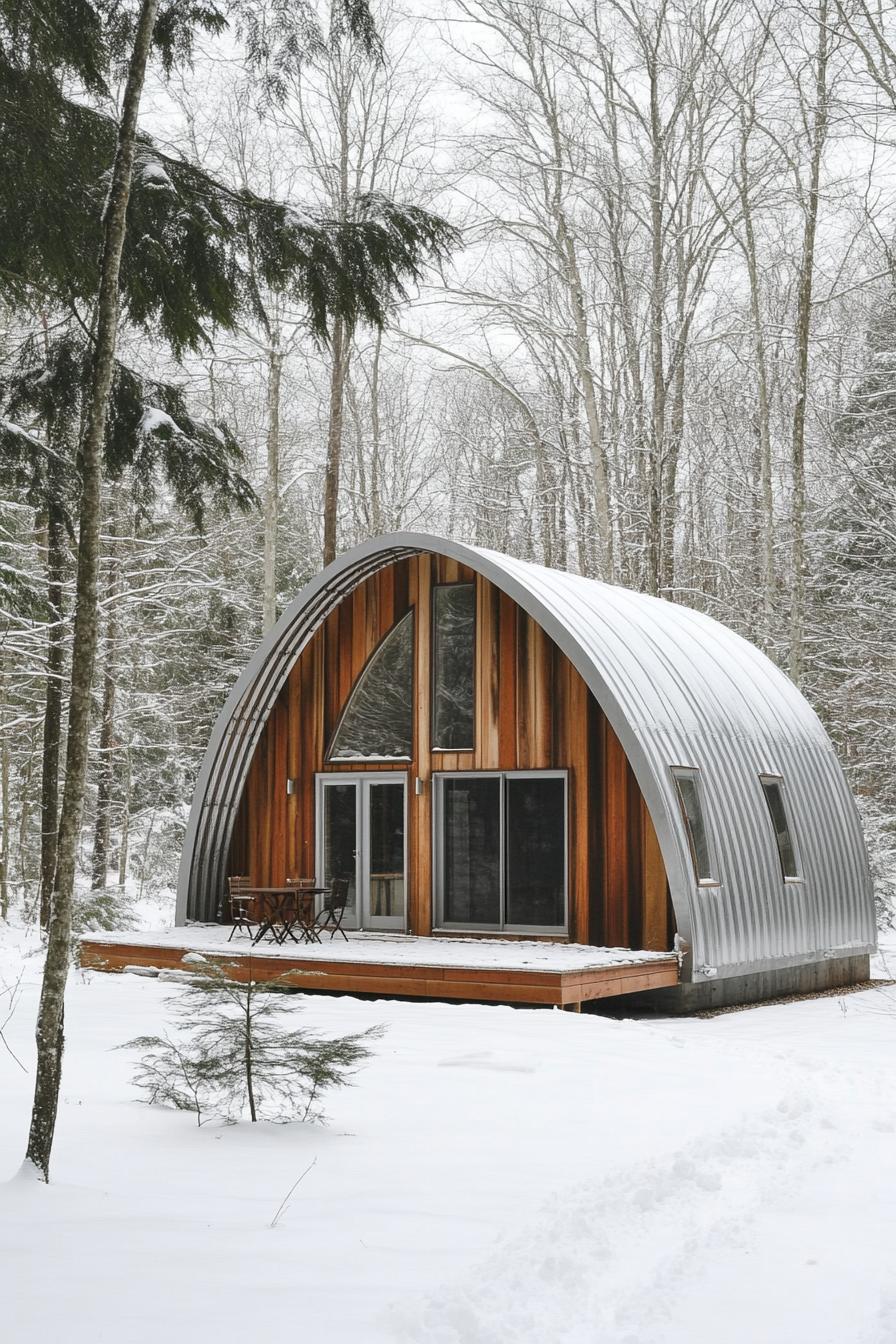 Small arched cabin in the snowy woods