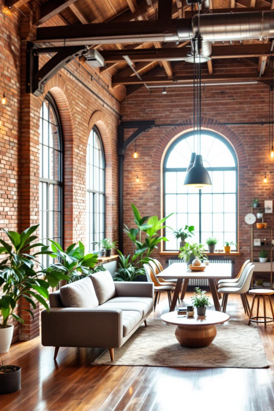 Sunlit loft with exposed brick, green plants, and modern furniture