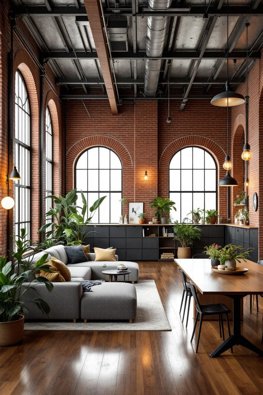 Spacious loft with large windows and abundant plants